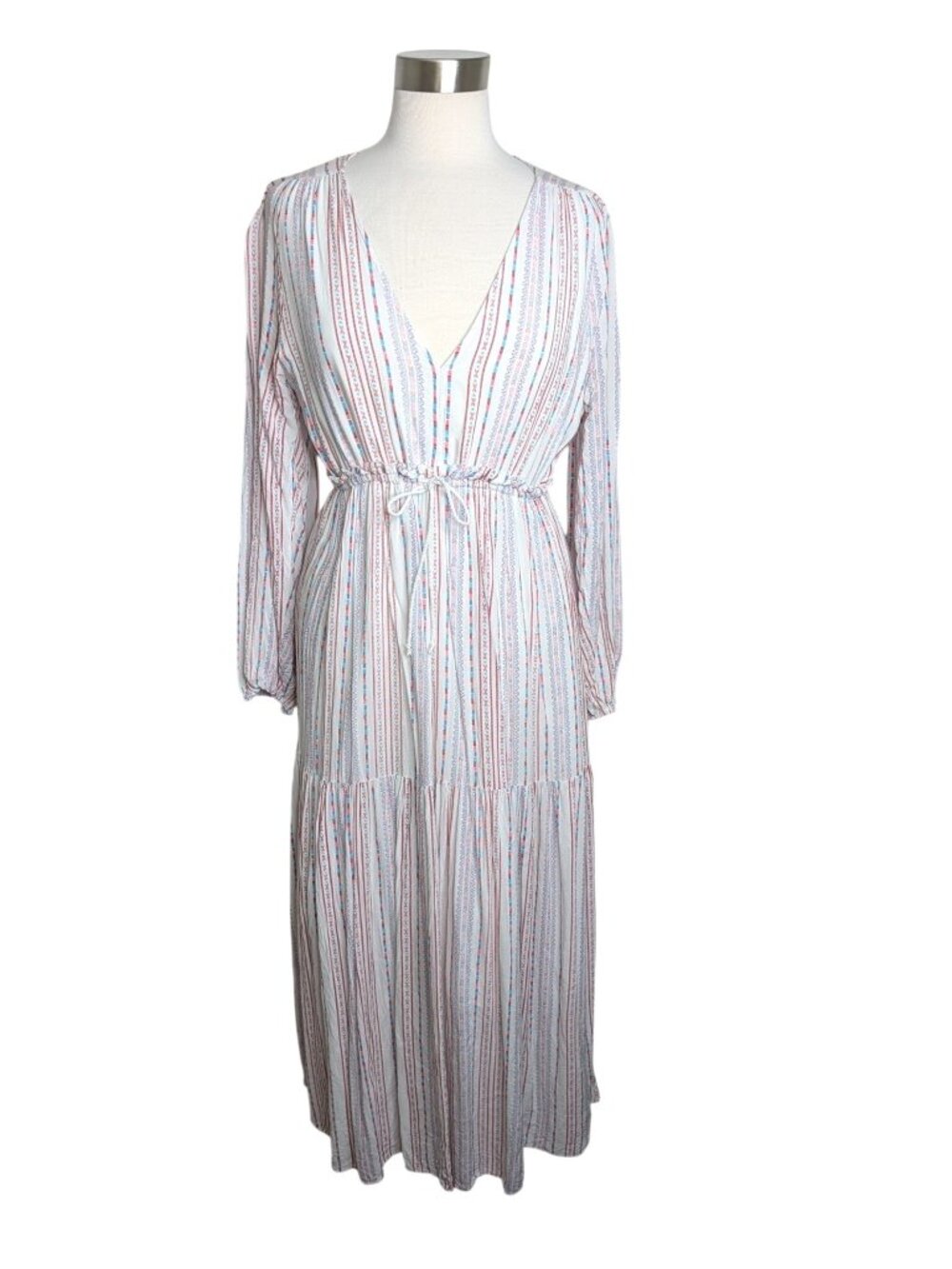 Few Moda Boho Size S/M Coastal Cowgirl Striped Long Sleeve Tiered Maxi Dress